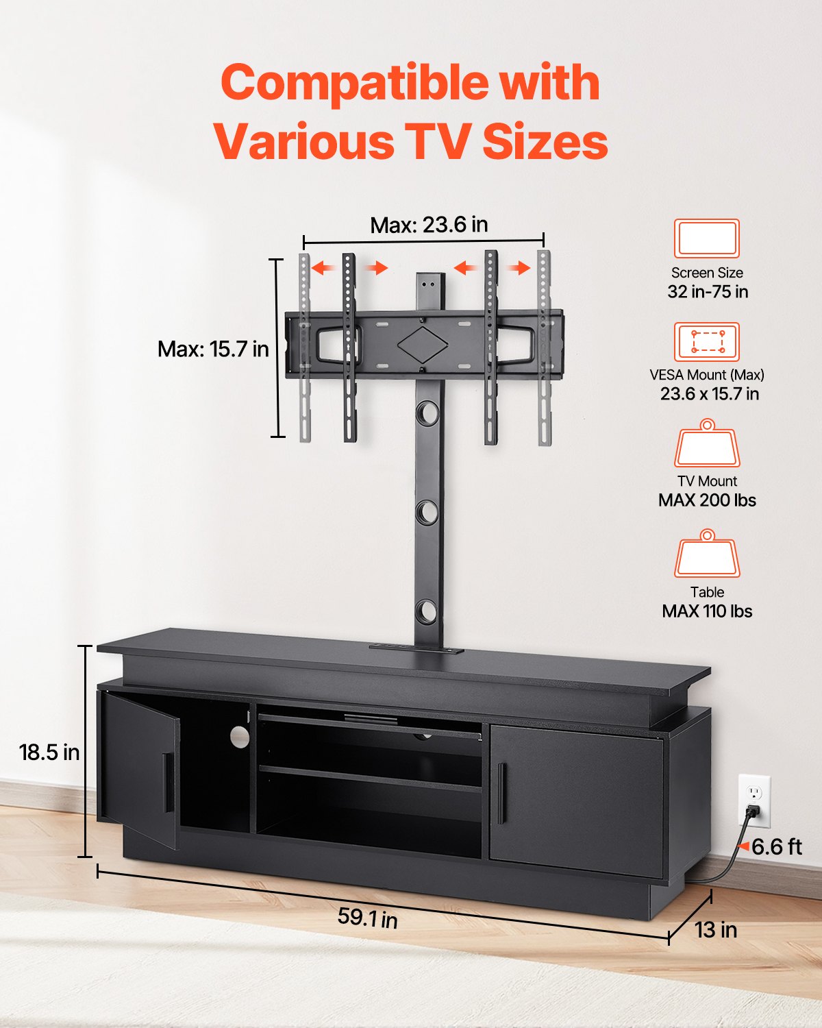 60" TV Stand With Mount For Up To 75 In TVs, Entertainment Center With