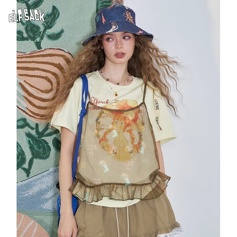 ELFSACK 2025 Summer New Arrival Casual Cute design niche top Mesh halter print short sleeve two-piece t-shirt