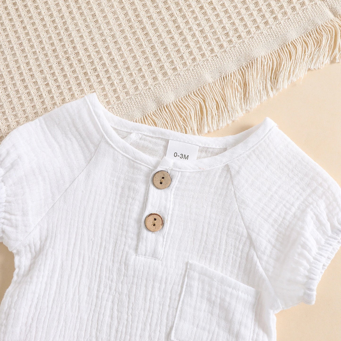 Baby Solid Color Clothes Set Short-sleeved Crew Neck Chest Pocket Jumpsuit Romper with Lace Hat for Summer