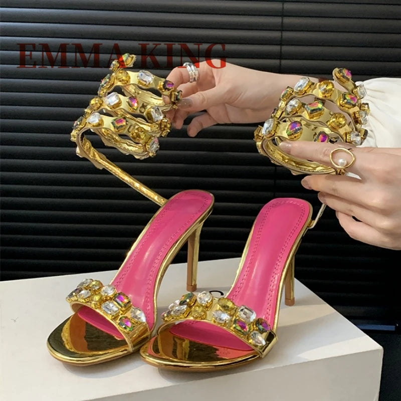 Luxury Gold Rhinestone Studs Sandals Women's Stiletto High Heels Sandals Sexy Ankle Wrap Summer Shoes For Weddings And Parties