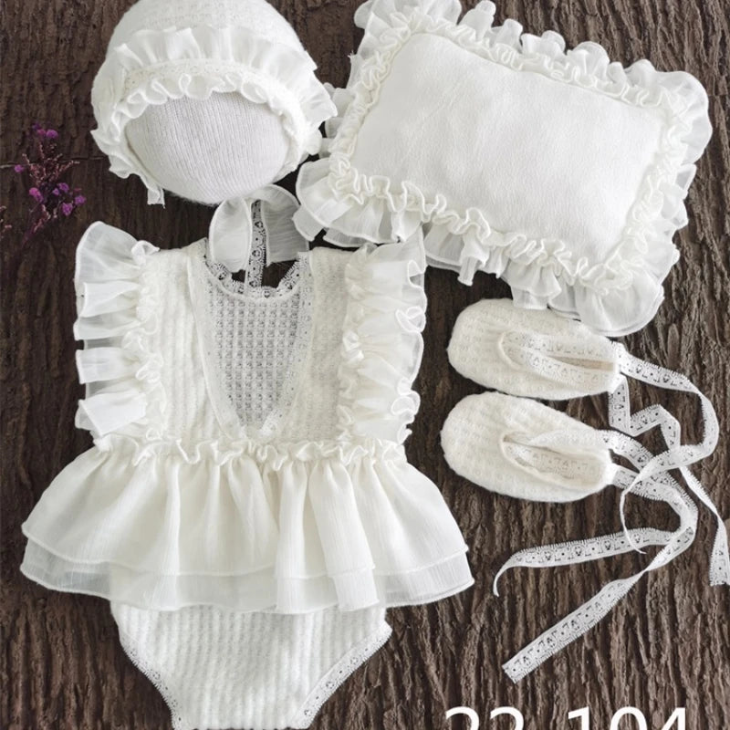 Baby Photography Clothes Cute Princess Style Lace Hat+Posing Pillow+Romper+Shoes Sets Decor Newborn Photoshoot Accessories