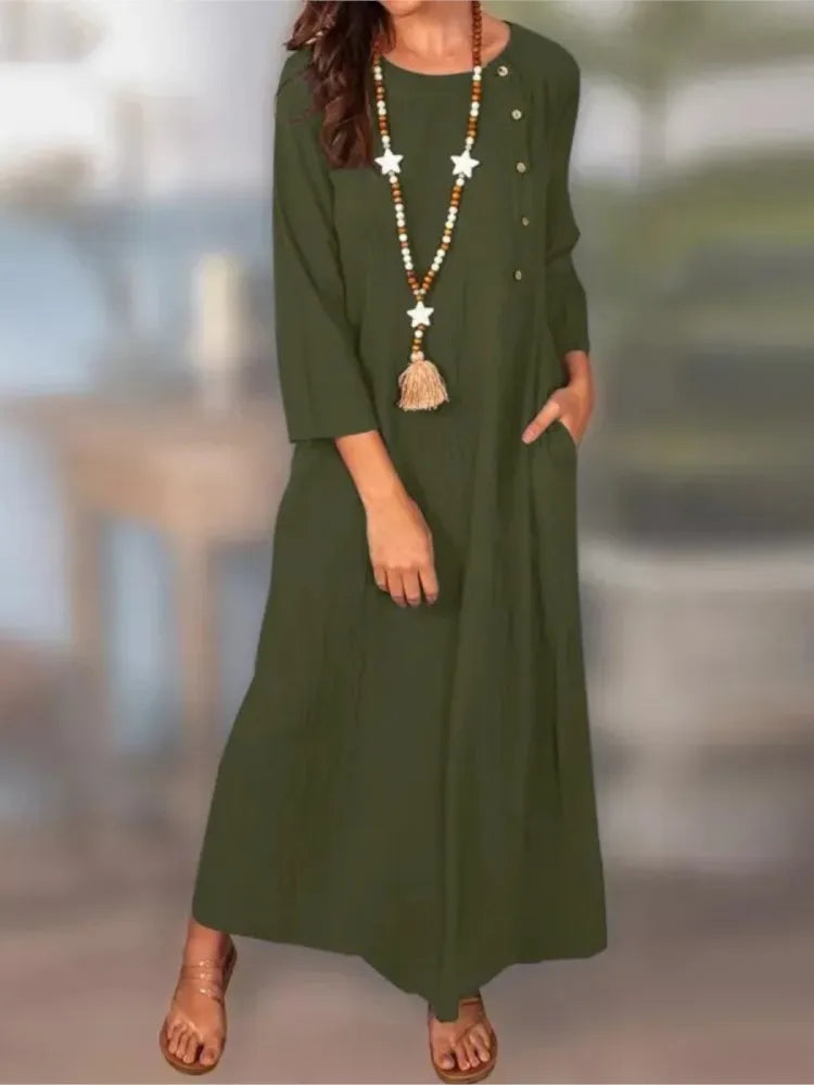 Autumn Fashion Dress Elegant Cotton Linen Women's Solid Color Long Dress Temperament Comfortable Round Neck Long Sleeve Dress