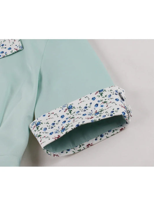 Elegant Fashion American Women Floral Patchwork Short Sleeved Lapel Gentle Afternoon Tea Appointment Belt Casual Commuting Dress
