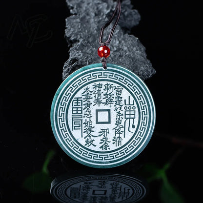Real Natural Jadeite Blue Water Mountain Ghost Coin Pendant Necklace Carved Charm Jewelry Fashion Amulet Gifts for Men Women