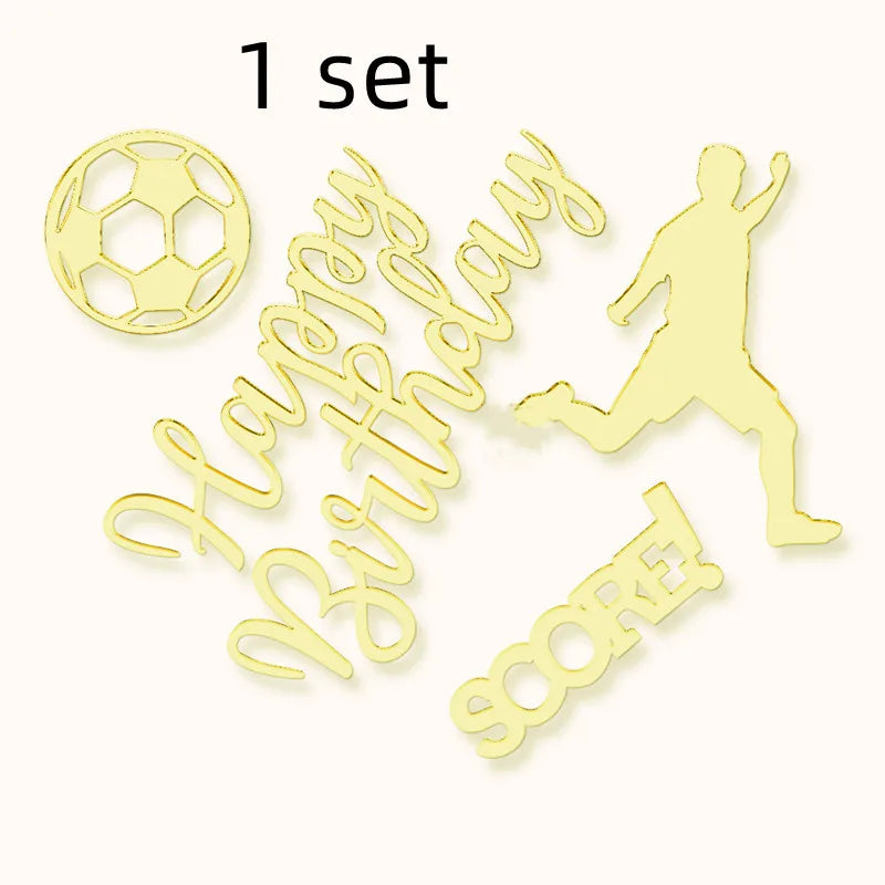 1set Gold Acrylic Happy Birthday Cake Topper Kids Football Birthday Party Cake Toppers Baby Shower Cake Gift Dessert Decoration