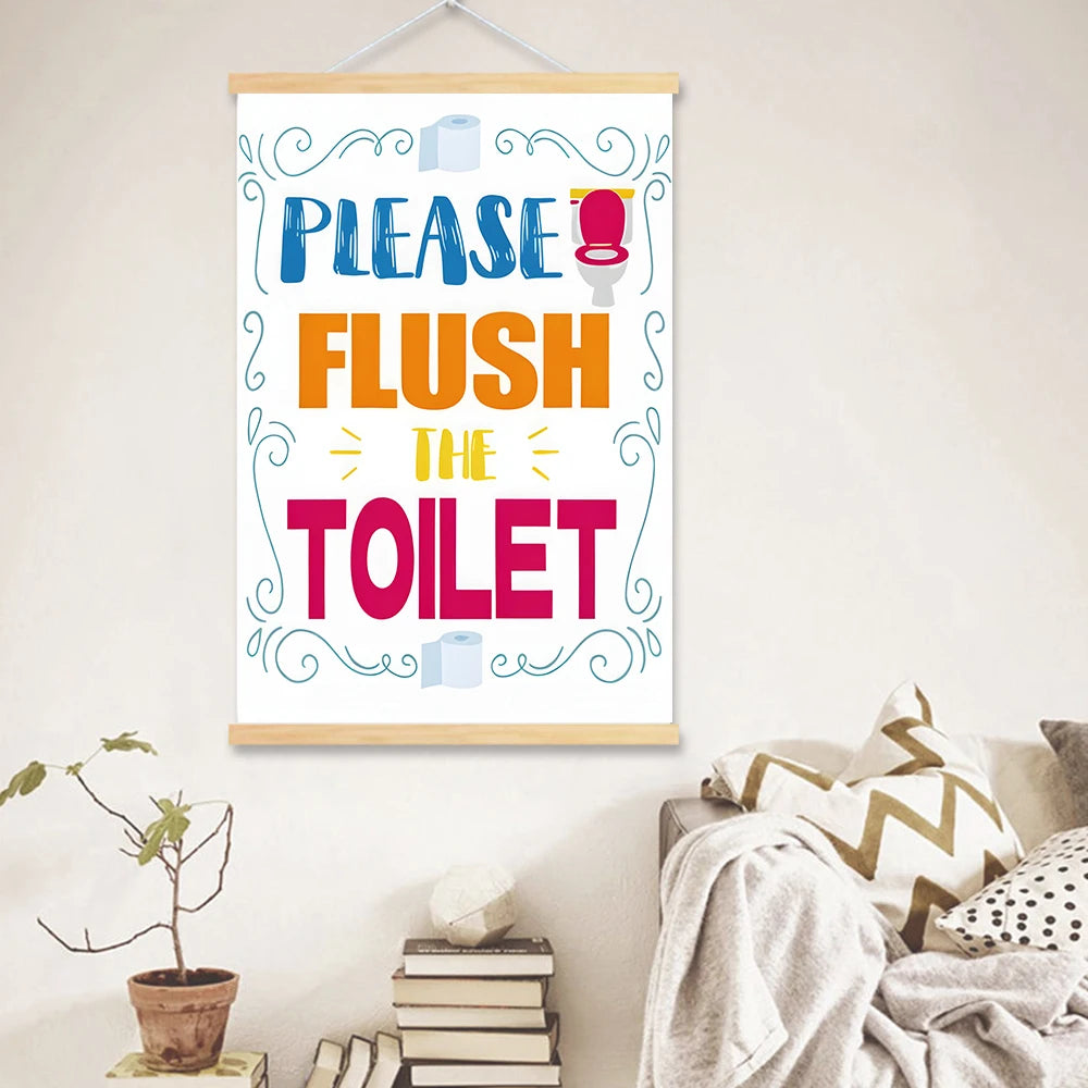 Solid Wood Hanging Scrolls Colorful Bathroom Quote Wall Art Prints - Brush Your Teeth, Flush The Toilet, Wash Your Hands Cardsto