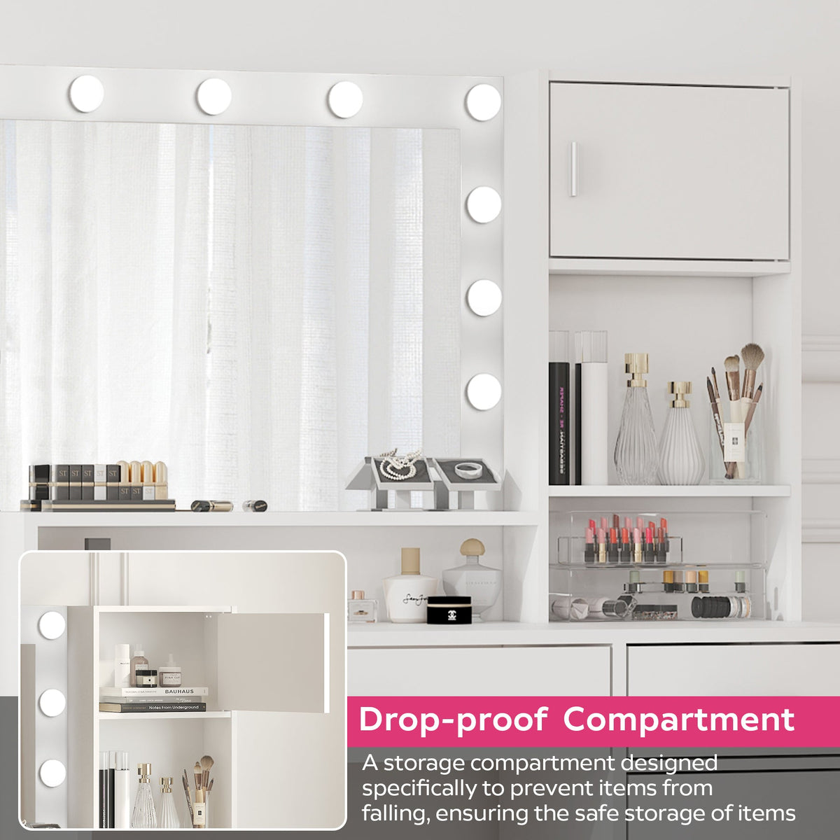 White Vanity Dressing Table with Lighted Mirror, Large Drawer and