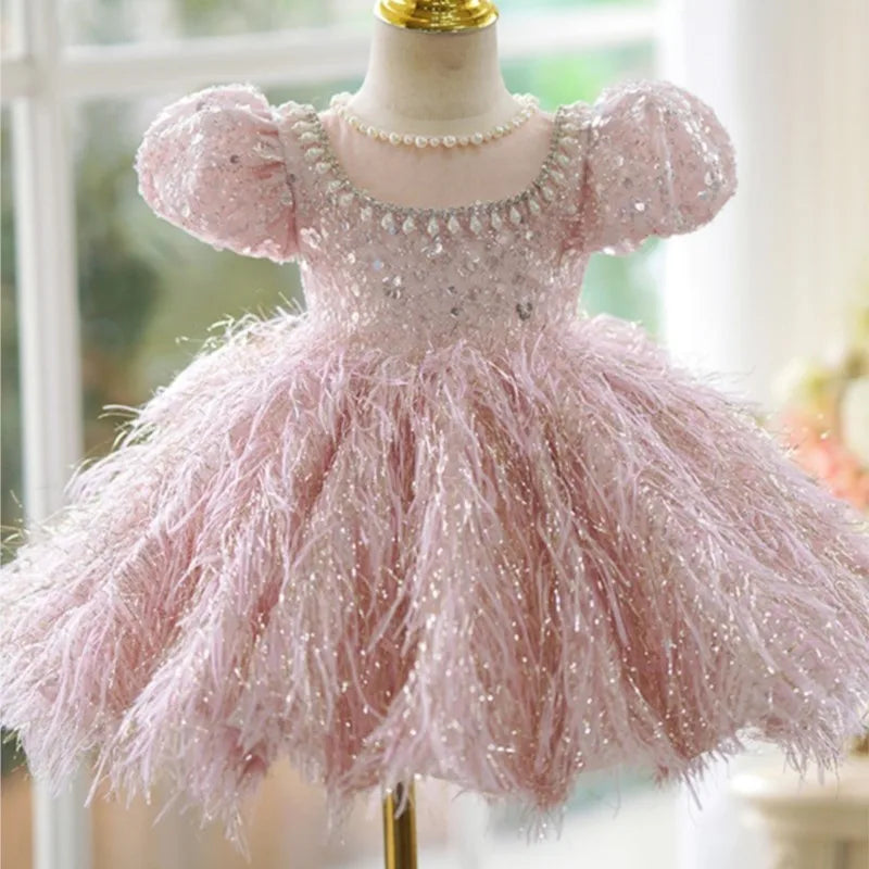 Fashion Baby Girl Princess Sequins Feather Dress Puffy Sleeve Toddler Child Pearl Vestido Party Birthday Baby Clothes 2-14Y