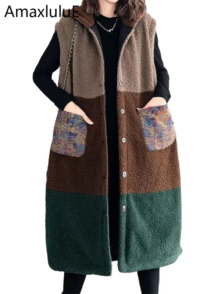 Amax luluE Korean Winter Womens Luxury Fur Padded Long Vest Loose Warm Hooded Sleeveless Coats Classic Casual Thicken Waistcoats