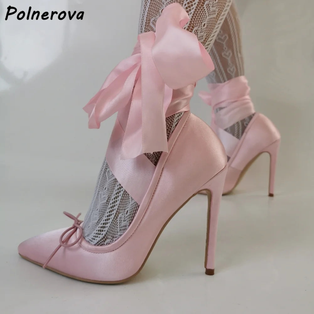 Stain Pink Butterfly Knot Pumps Ankle Band Bows Shallow Pointy Toe Thin Heels Sweet Lolita Shoes Women's Stiletto Summer Pumps