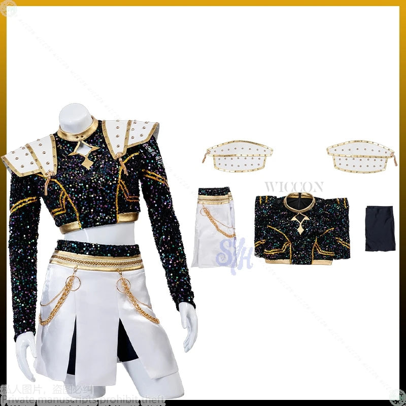 Anime Kpop Demon Cosplay Huntrix Zoey For GOLDEN Stage Uniform Black Coat White Mini Dress Kawaii Jirai Kei Girls Korea Idol Cos