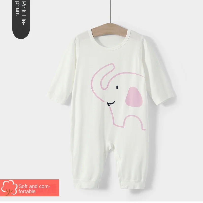 Boys and Girls' Pajamas Thin Air-conditioned Clothes Cartoon Animal Print One Piece Thin Long-sleeved Baby Spring and Autumn