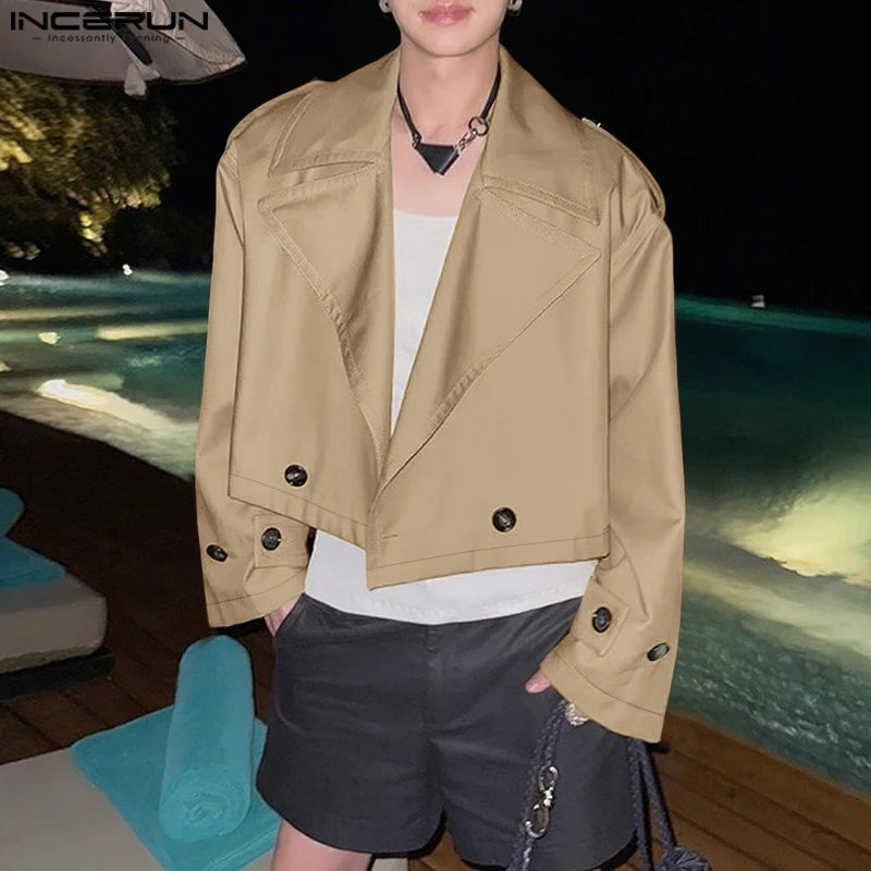 INCERUN Men Jackets Solid Color Lapel Long Sleeve Button Casual Crop Coats Men Streetwear Autumn 2025 Fashion Jackets Outerwear