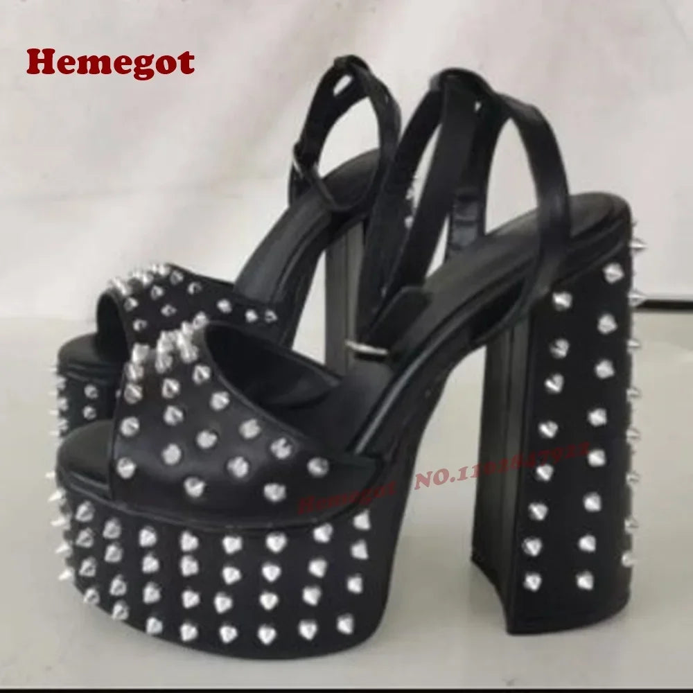 Studded Platform Slingback Sandals 2025 New Arrival Peep Toe Buckled Chunky Heels Women's Sandals Black Rivet Elegant Shoes Sexy