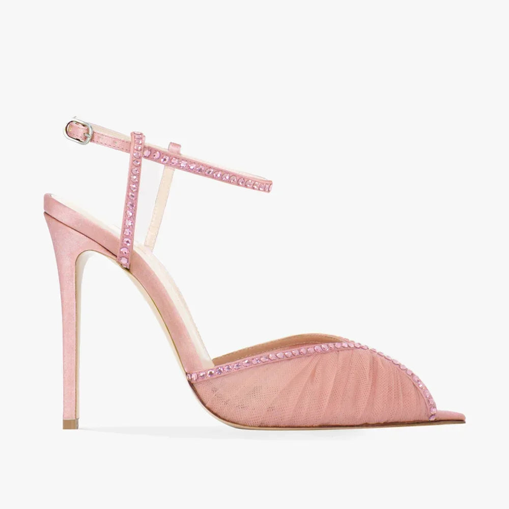 Crystal Peep Toe Ankle Buckle Strap Sandals Sexy Pointed Toe Oversize 46 Shallow New Arrials Fashion Women Modern Shoes