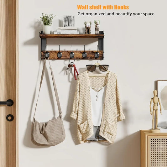 wall hooks with shelf, wood coat rack with shelf wall-mounted, entryway hanging shelves with 5 metal hooks for clothes hats towe