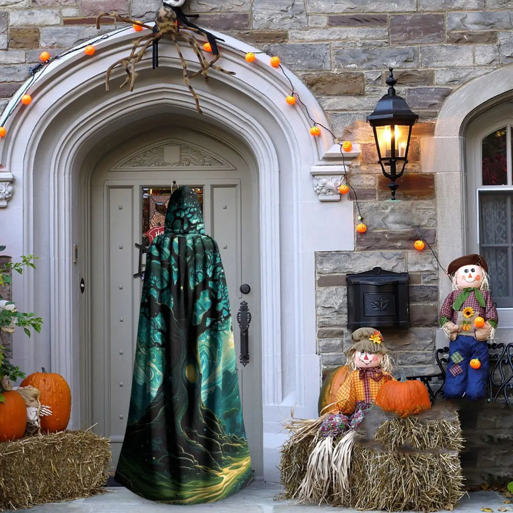 Magic Green Tree Long Hooded Cloak Witch Medieval Costume Cosplay Cape HalloweenVampire Adult Unisex