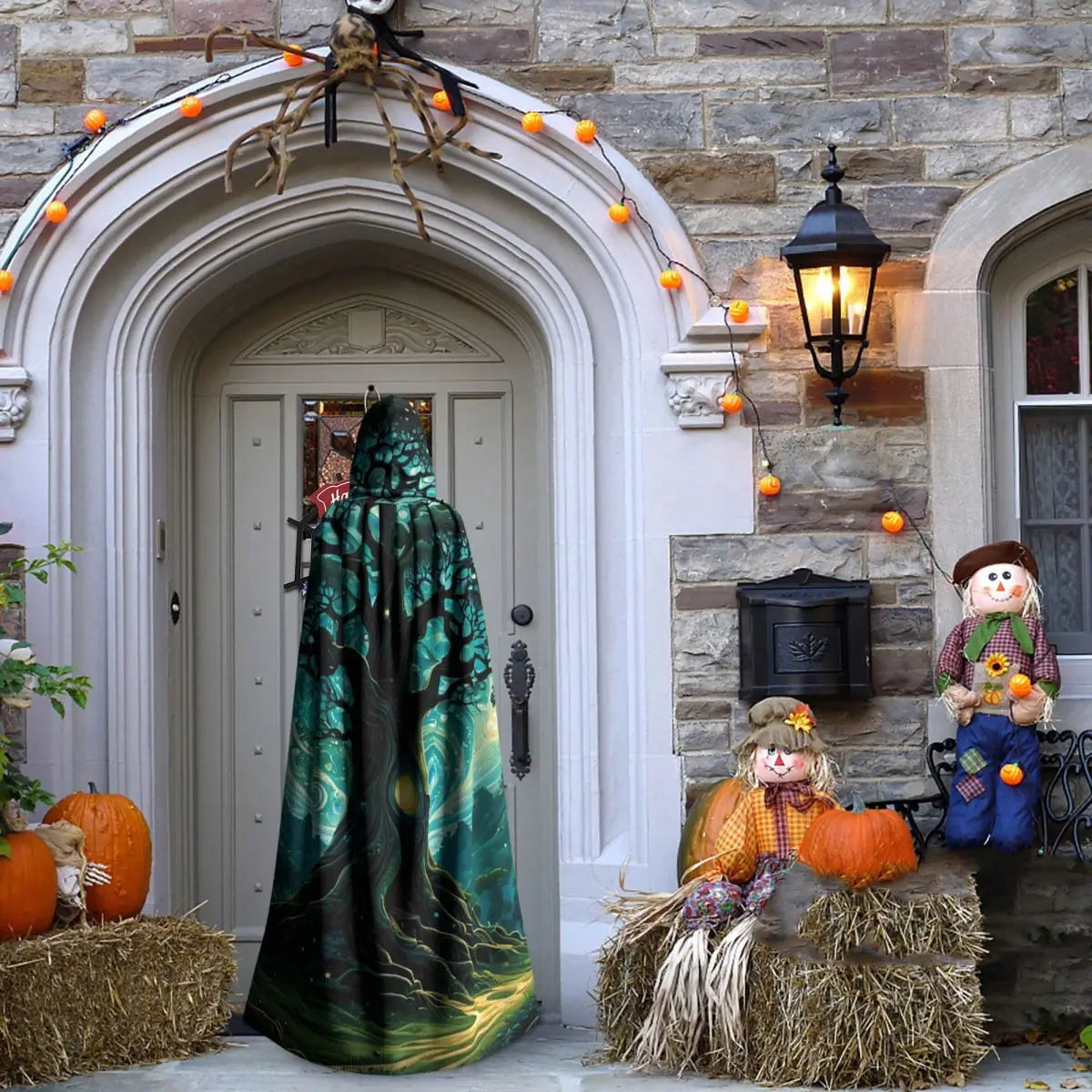 Magic Green Tree Long Hooded Cloak Witch Medieval Costume Cosplay Cape HalloweenVampire Adult Unisex
