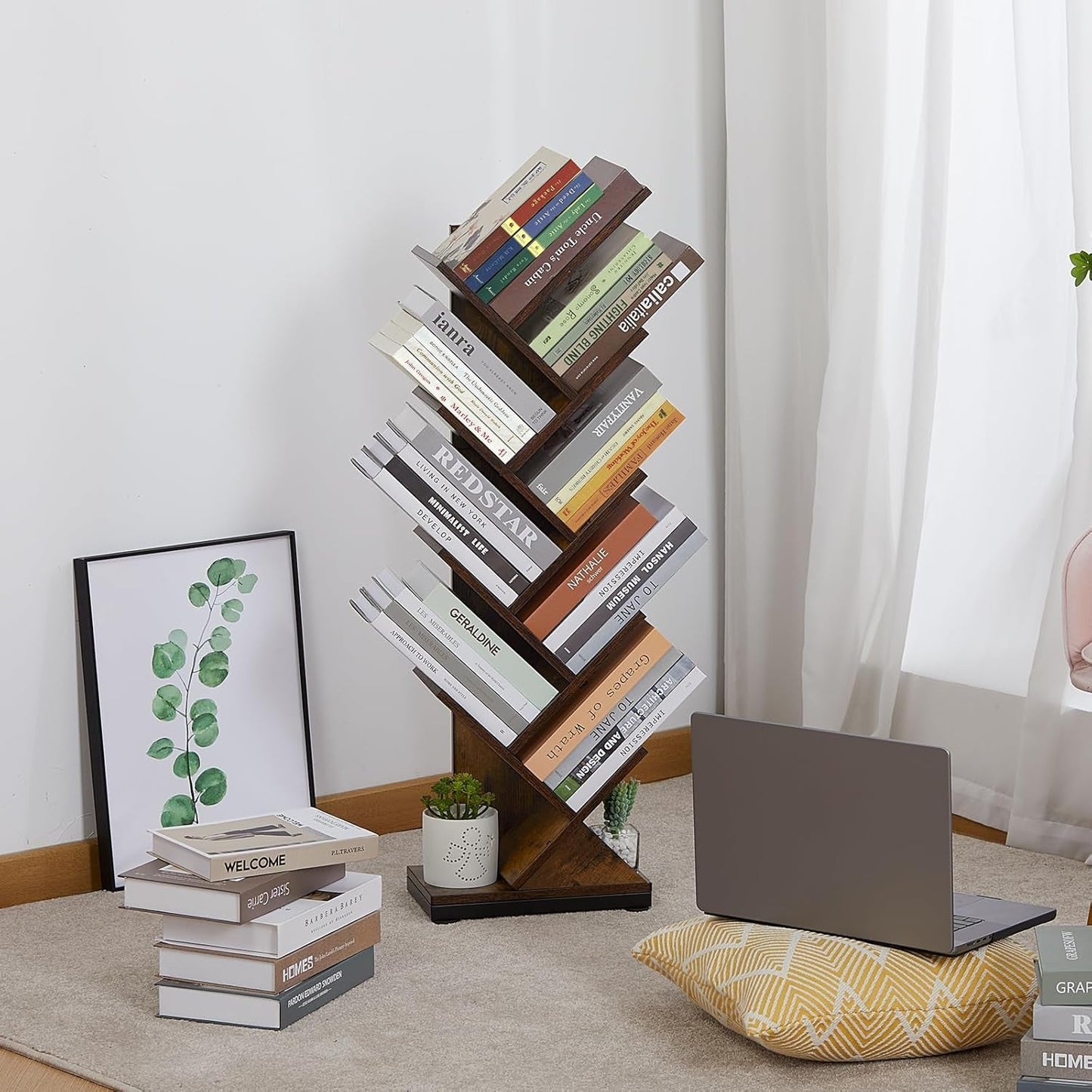 8 Tier Tree Bookshelf Floor Standing Bookcase For Books CDs Rustic