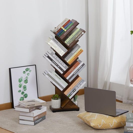 8 Tier Tree Bookshelf Floor Standing Bookcase For Books CDs Rustic