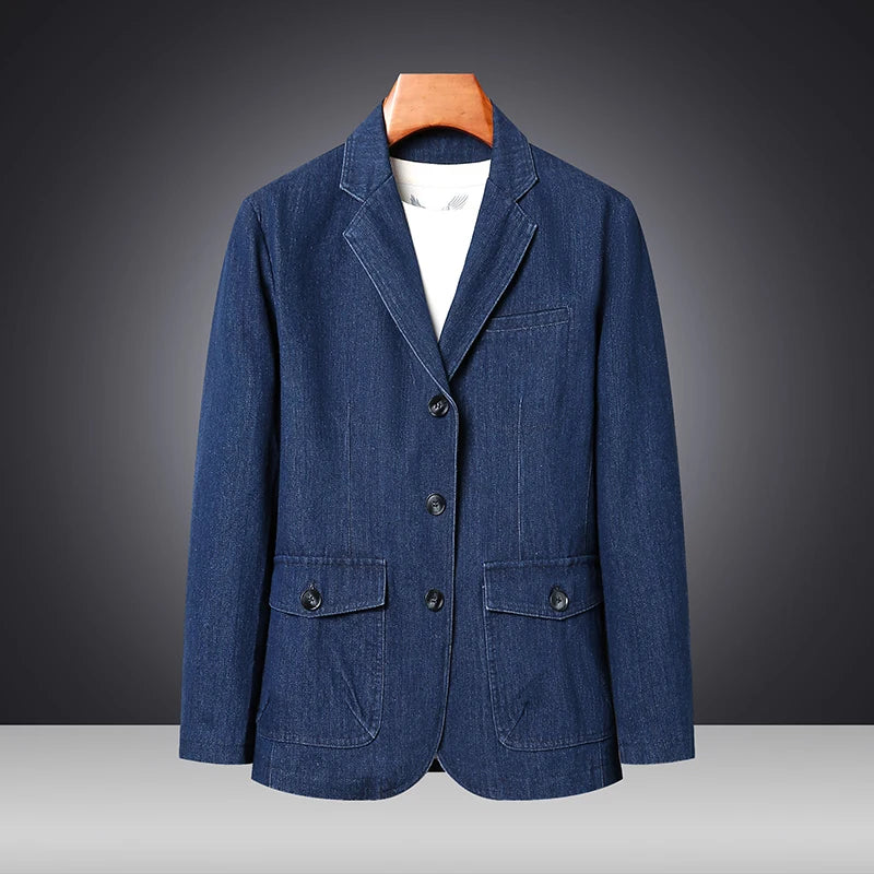 2025 Men Solid Denim Jackets Fashion Blazer Middle-aged Loose Men Vintage Jeans Jackets Hommes Slim Fit Cotton Casual Black Blue