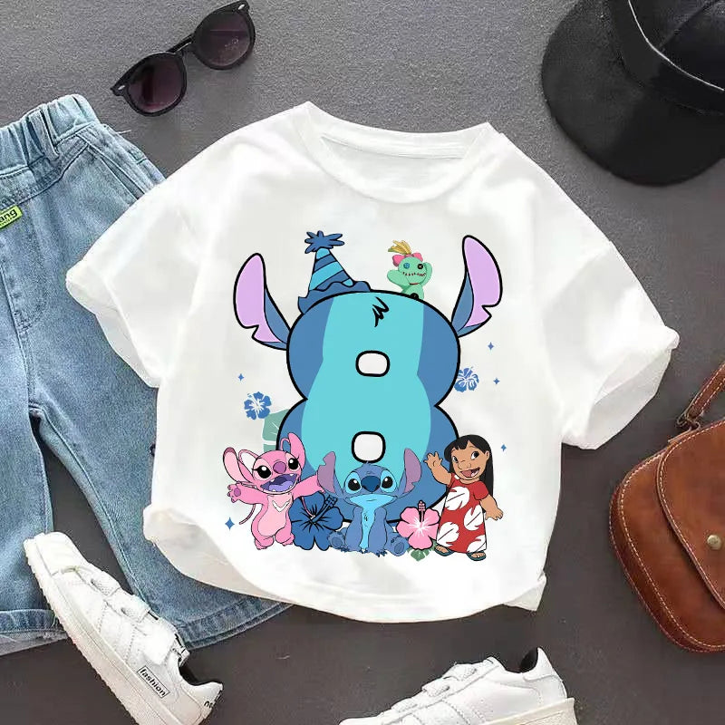 Lilo Stitch T-shirt for Kids Clothes Birthday Number 1-9 Print Children Clothing Cute Anime Tee Party Wear Cotton Baby Tops Gift