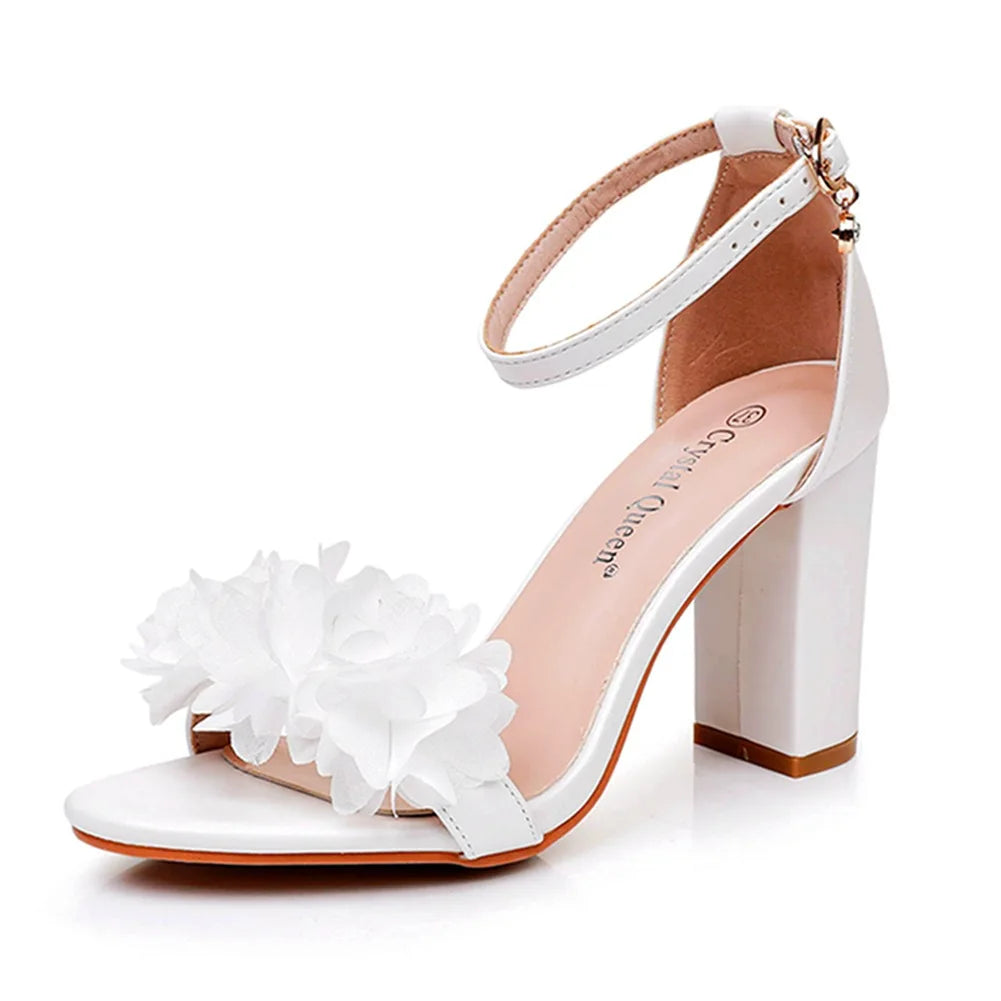 White Women Flower Wedding Shoes Bride Black Thick Heels Party Fashion Open Toe Sandals Summer