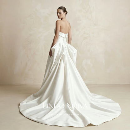 LINDO NOIVA Strapless Satin Wedding Dress 3D Origami Big Bow A‑Line Bridal Gowns Minimalist Luxury Vestidos De Novia Customized