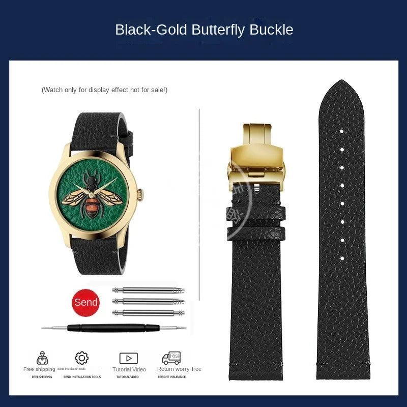 watch band For GUCCI YA1264065 Little Bee Embroidered Gucci Men's and Women's Green Genuine Lea/ther Watch Strap 20mm Bracelet