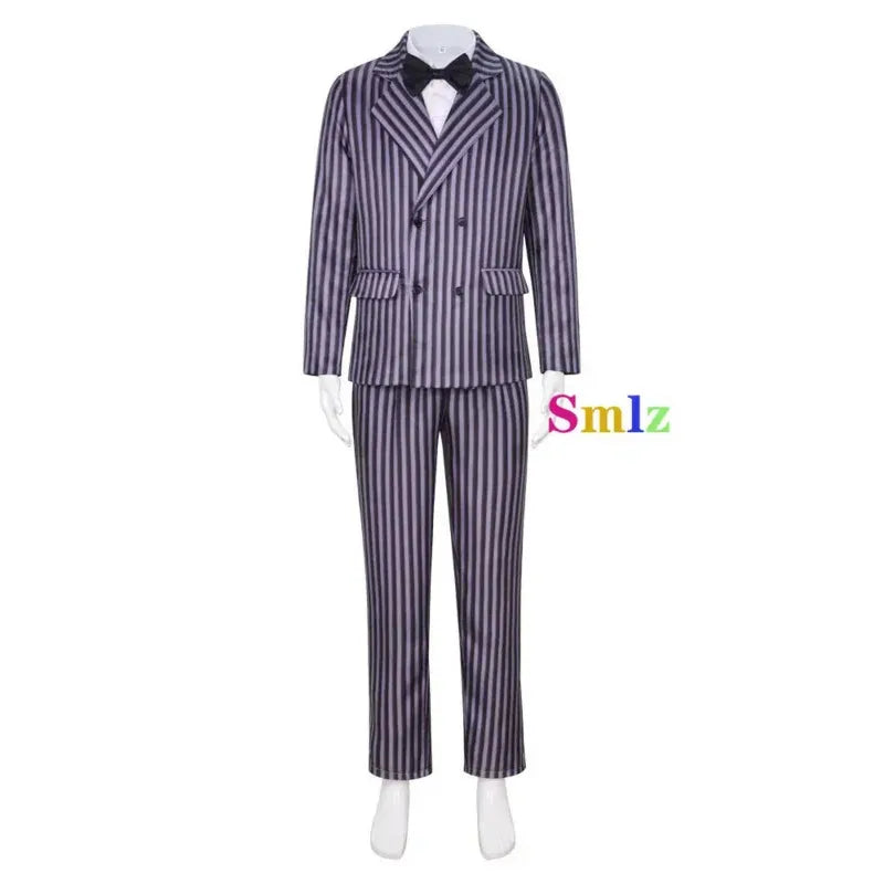 2025 New Gomez Addams Cosplay Anime Morticia Costume Dress Halloween Carnival Outfit Adult Kid Coat Shirt Pant Tie Suit Par☆☆☆aa