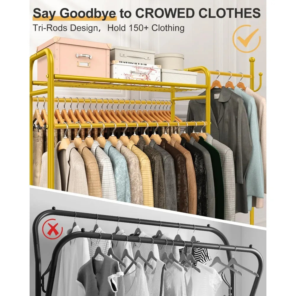 Heavy Duty 3-in-1 Portable Garment Rack with Coat Hooks and Shelves, Holds 620lbs