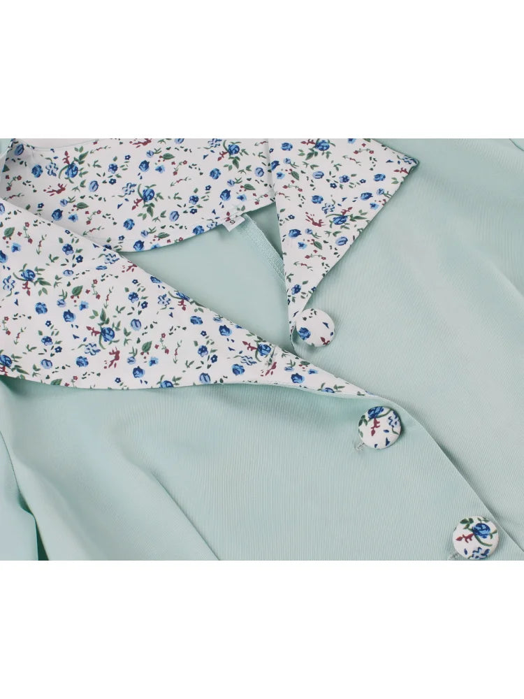 Elegant Fashion American Women Floral Patchwork Short Sleeved Lapel Gentle Afternoon Tea Appointment Belt Casual Commuting Dress