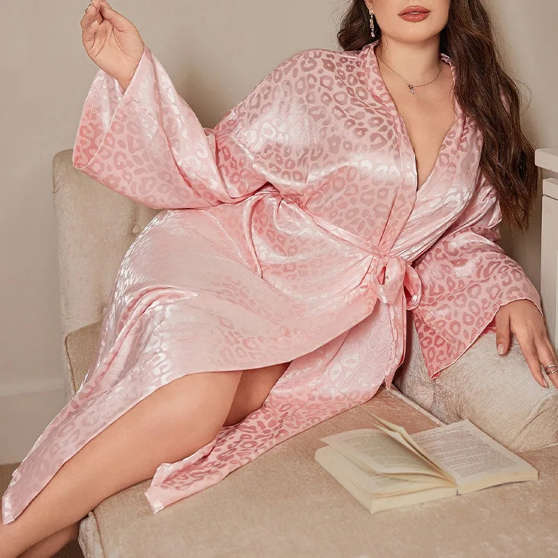 PLUS SIZE 5XL Female Long Robe Lingerie SEXY Leopard Kimono Bathrobe Gown Loose Casual Loungewear Home Dress Women's Sleepwear