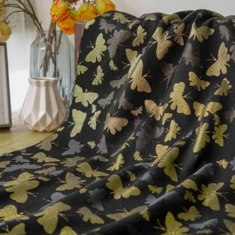 Golden Thread Butterfly Jacquard Fabric Retro Vintage Style Spring Autumn Dress & Coat Fabric Bouquet Embroidery DIY Craft Women
