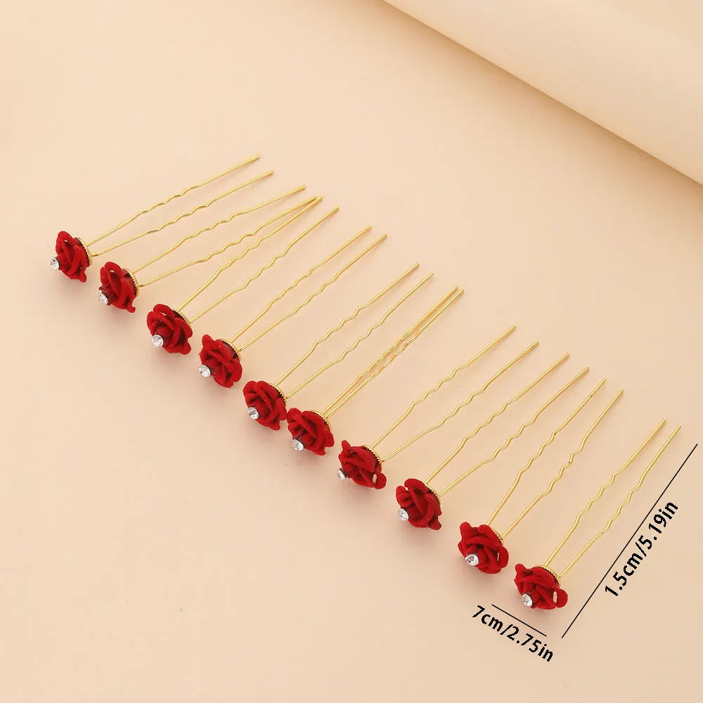 10Pcs Rose Hair Accessories Wedding Bride Hairpins Flower Hair Clips Red Velvet Clips For Women Elegant Pin Diamond Barrettes