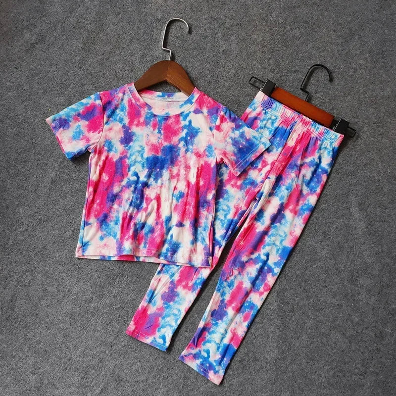 Baby Girls T shirts and Long Pants Suits Summer Tie Dye Print  Kids Girls Tops V-neck T Shirt Children Slim Sport Clothes Set