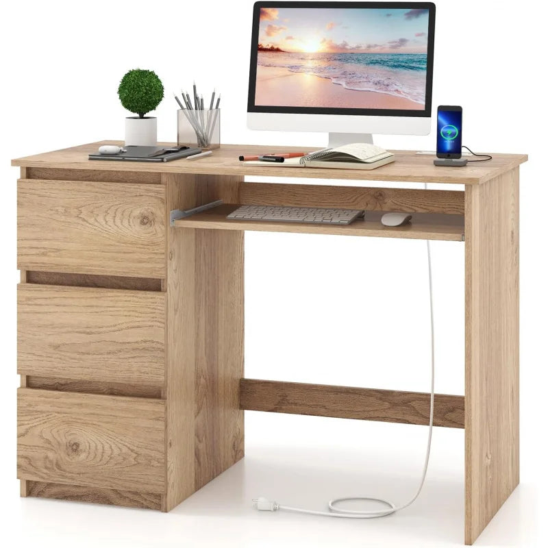 Computer Desk with 3 Storage Drawers & Built-in Charging Station, Home Office Desk with Keyboard Tray, PC Desk Study Wr