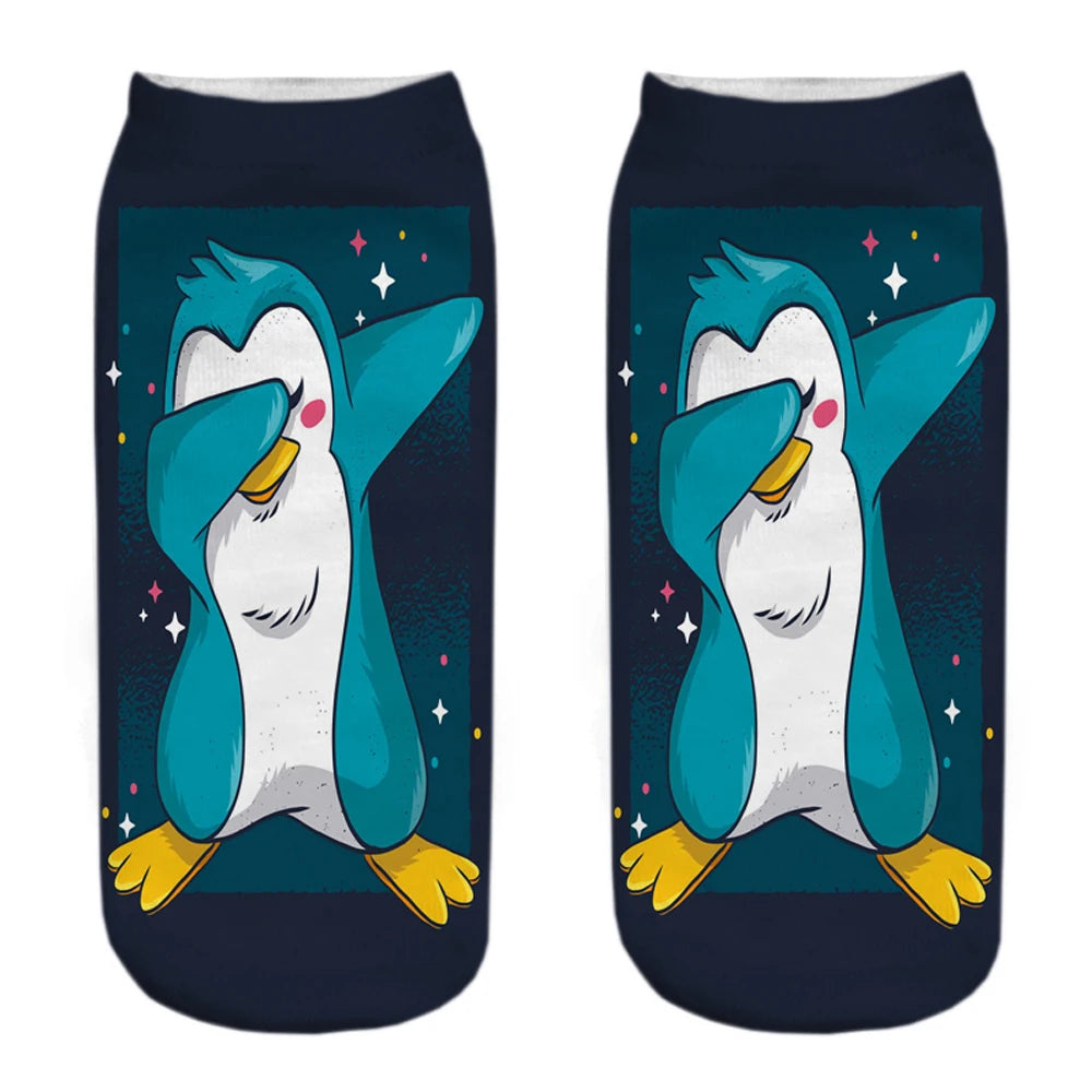 New Funny 3D Printing Cute Cartoon Singing Dancing Christmas Penguin Unisex Animal Series Short Ankle Socks Calcetines De Mujer