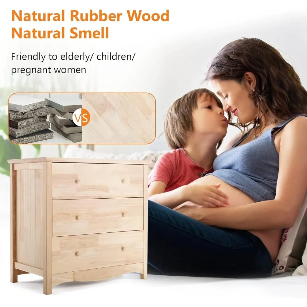 Unfinished Solid Wood Dresser Color DIY, 3 Drawer Dresser for Bedroom, Natural Rubber Wood Chest of Drawers, Baby Dressers