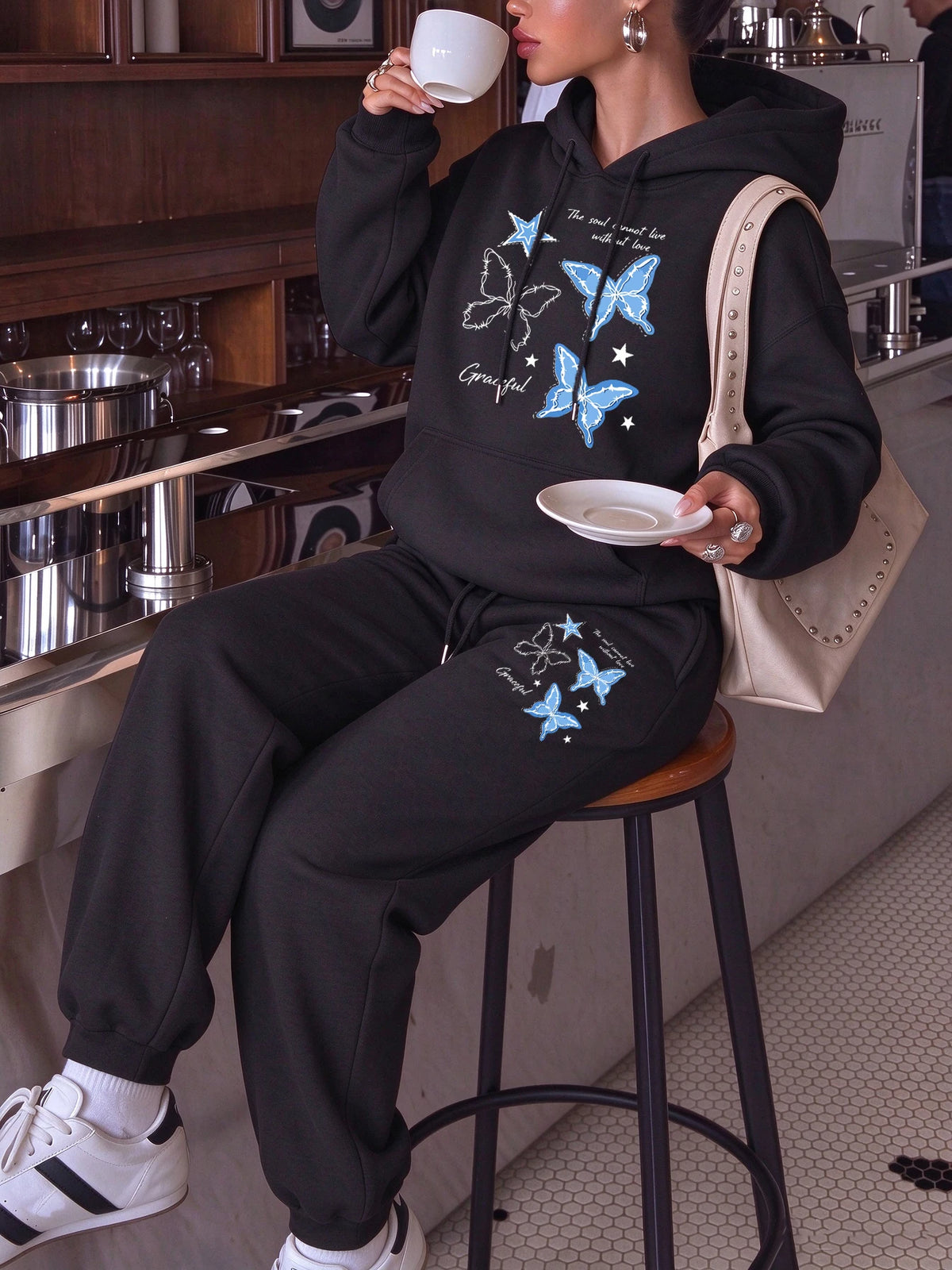 Blue Butterfly Star Printed Womens Pocket Jogging Hoodie Set Street Loose Sweatpants Fleece Casual Clothing Sports Pullover