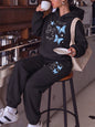 Blue Butterfly Star Printed Womens Pocket Jogging Hoodie Set Street Loose Sweatpants Fleece Casual Clothing Sports Pullover