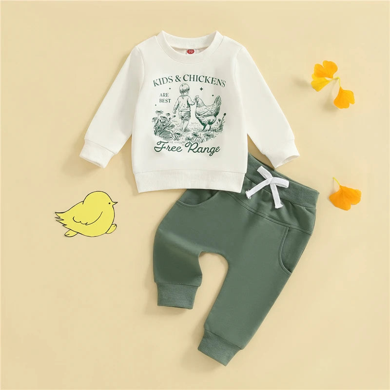 Toddler Baby Boys Fall Clothes Set Kid and Chicken Print Long Sleeve Pullover Sweatshirt Bow Pants 2 Pcs Outfits