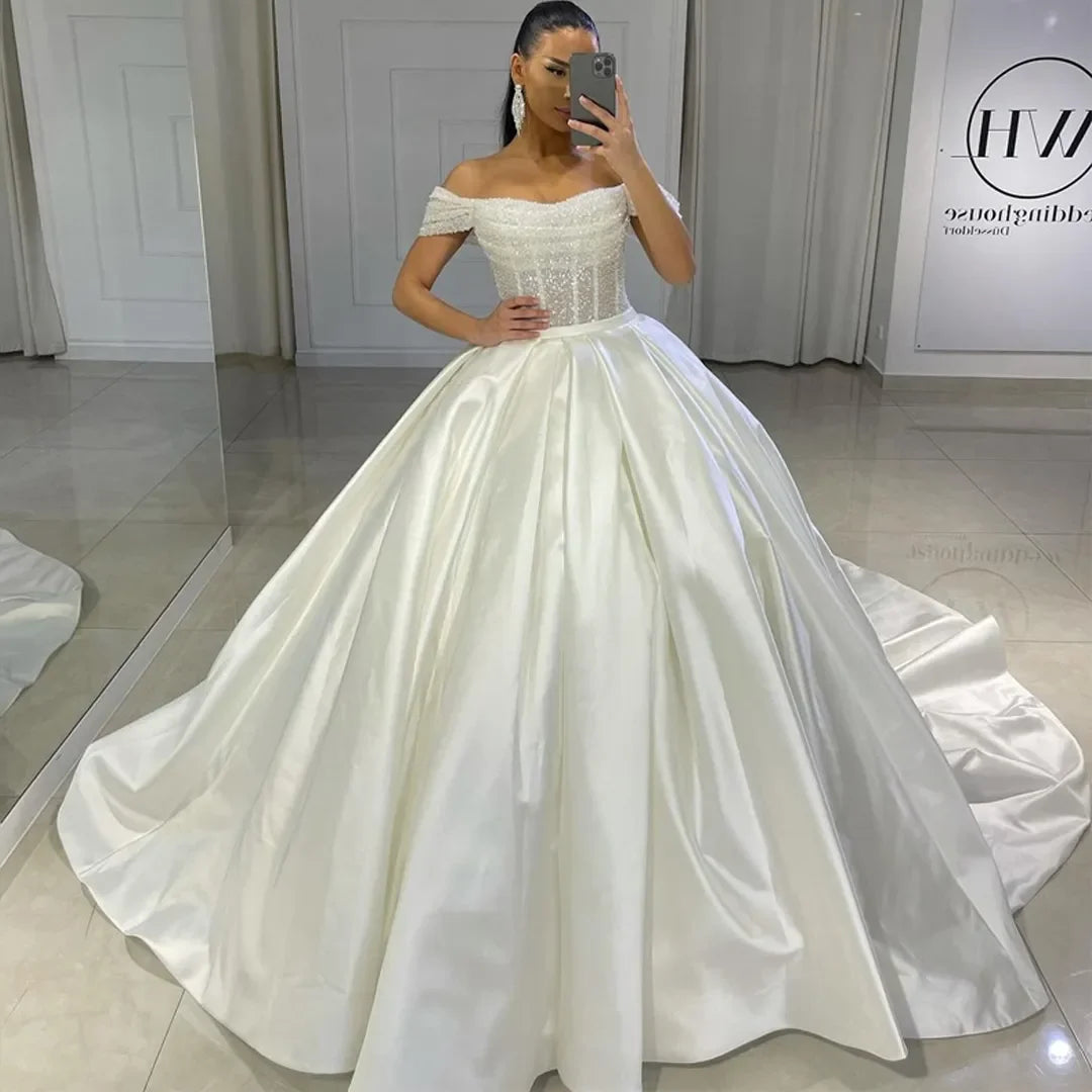 Stunning Bead Off-the-Shoulder Sequin Satin Ball Gown Wedding Dress Plus Size Pleated Princess Bridal Arabic Dubai Style