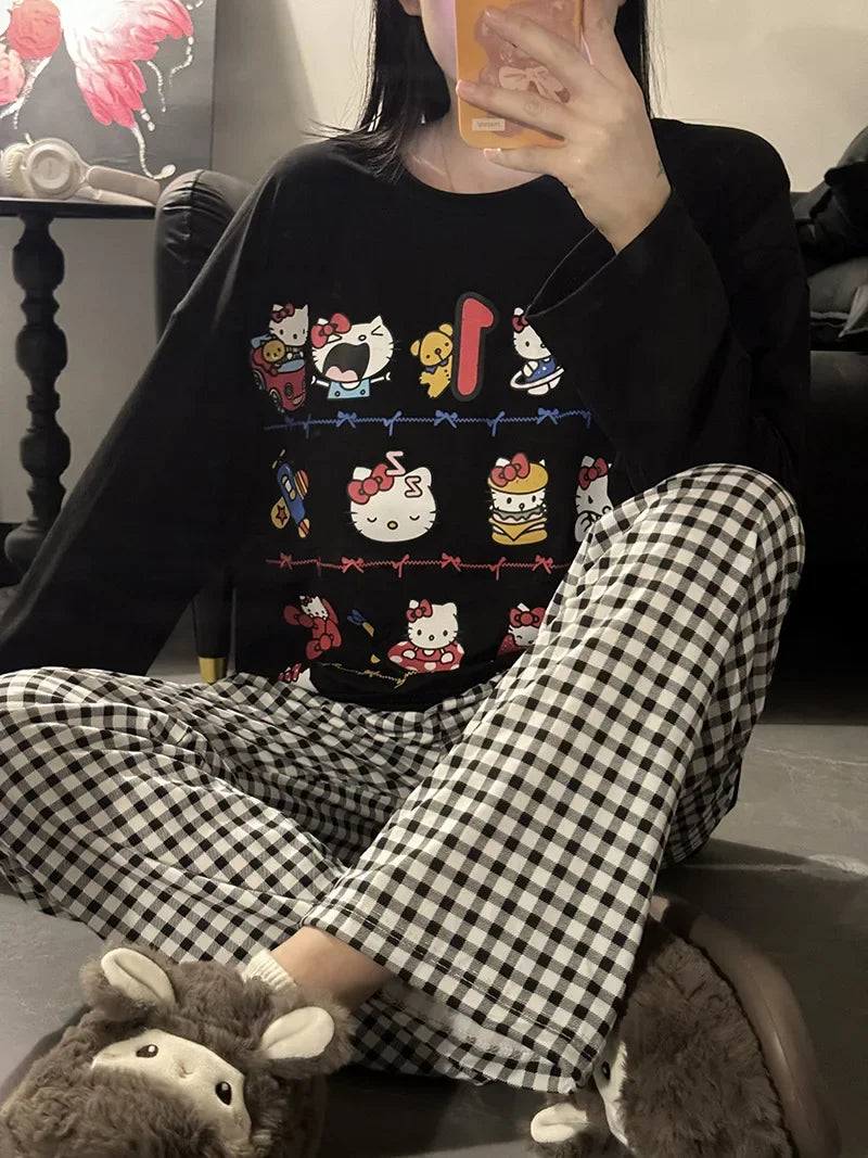 Hello Kitty Cartoon Girl Long Sleeved T Shirt Home Clothes Set Anime Sanrio Print Kawaii Spring Autumn New Trousers Pajama Sweet