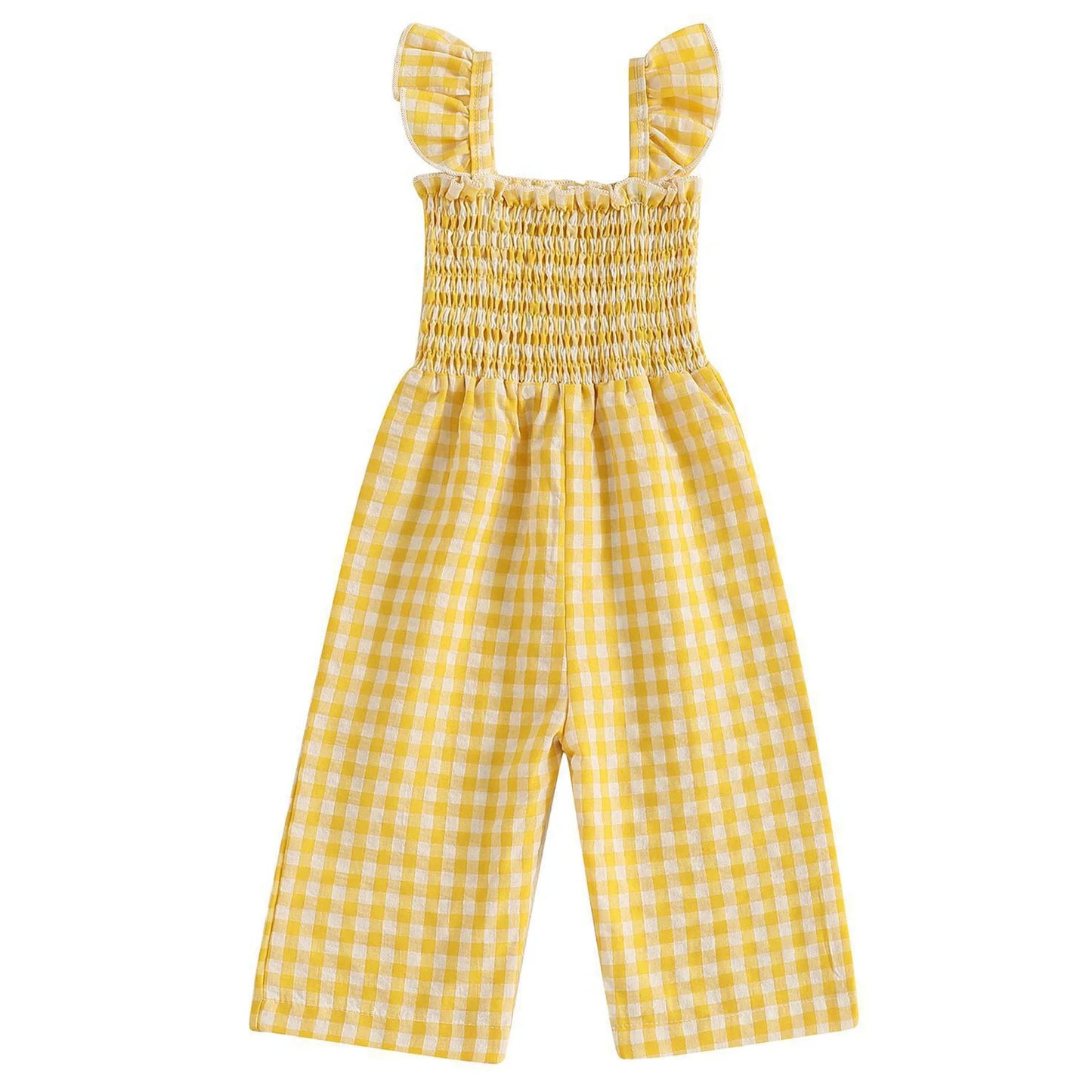 Toddler Baby Girls Summer Clothes Sweet Plaid Bodysuit Fly Sleeves Smocked Rompers Wide Leg Jumpsuit Holiday Party Daily Wear