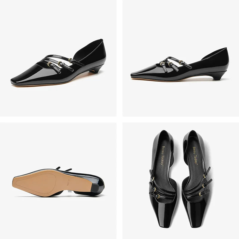 BEAUTODAY Pumps Women Patent Leather Pointed Toe Buckle Straps Shallow Mary Janes Summer Ladies Party Shoes Handmade 30096