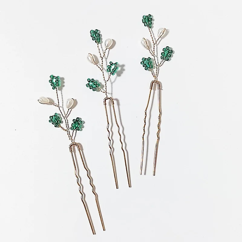 Green Color Rhinestone Hair Combs Bridal Hair Jewelry Leaf Hairpins Pearls Hairpins Bride Wedding Headdress Headband