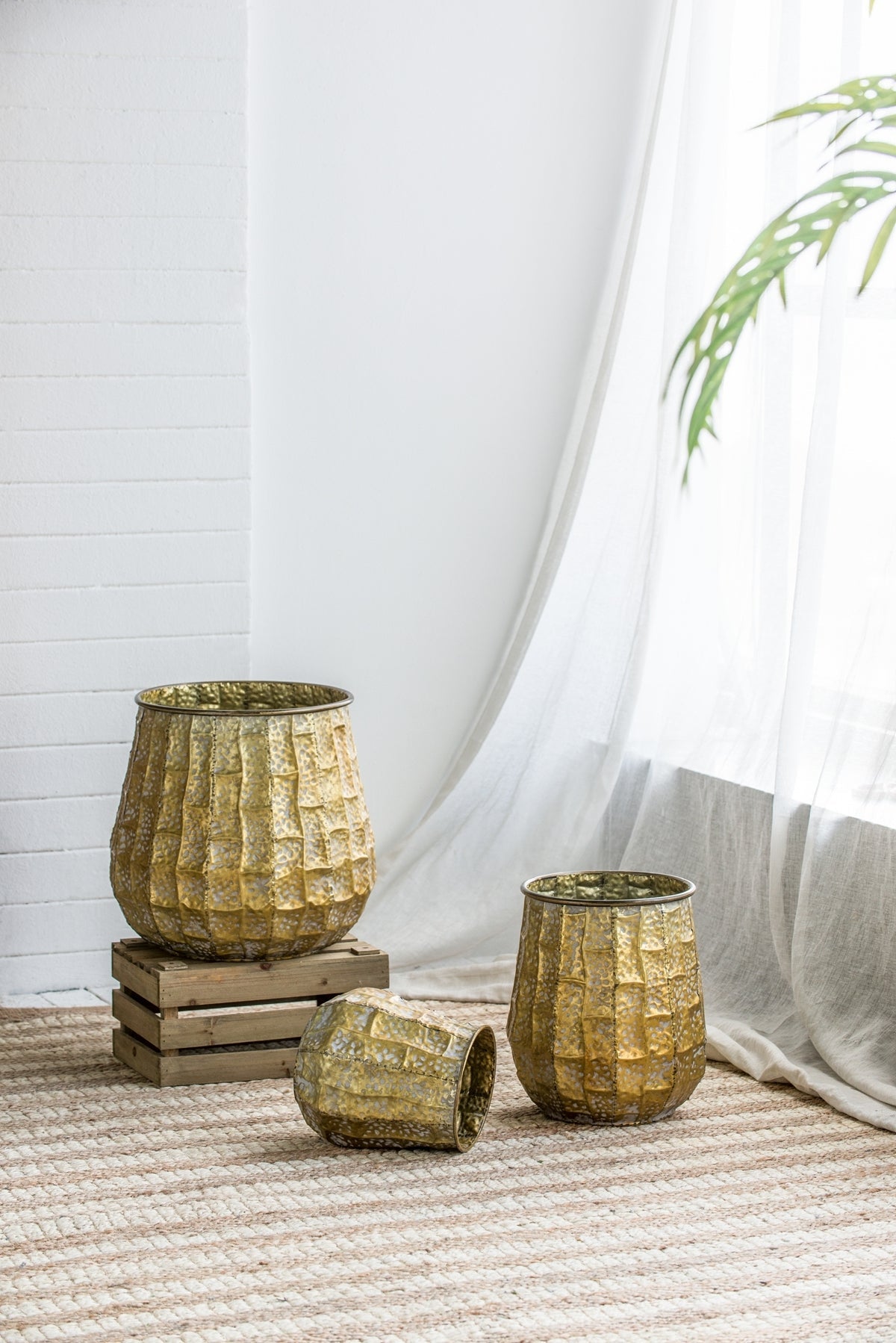Set of 3 Distressed Antique Yellow Metal Planters, 14 in Tall