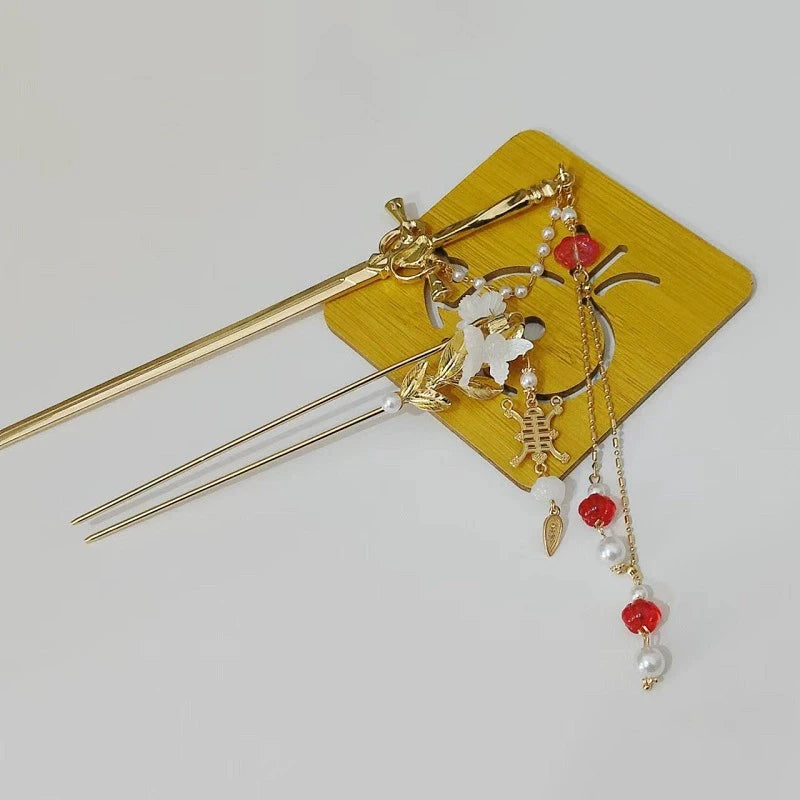 2025 New Chinese Style Sword Hair Sticks for Women Tassel Beads Chignon Pin Pearl Metal Leaves Hairpin Headdress Hair Accessorie