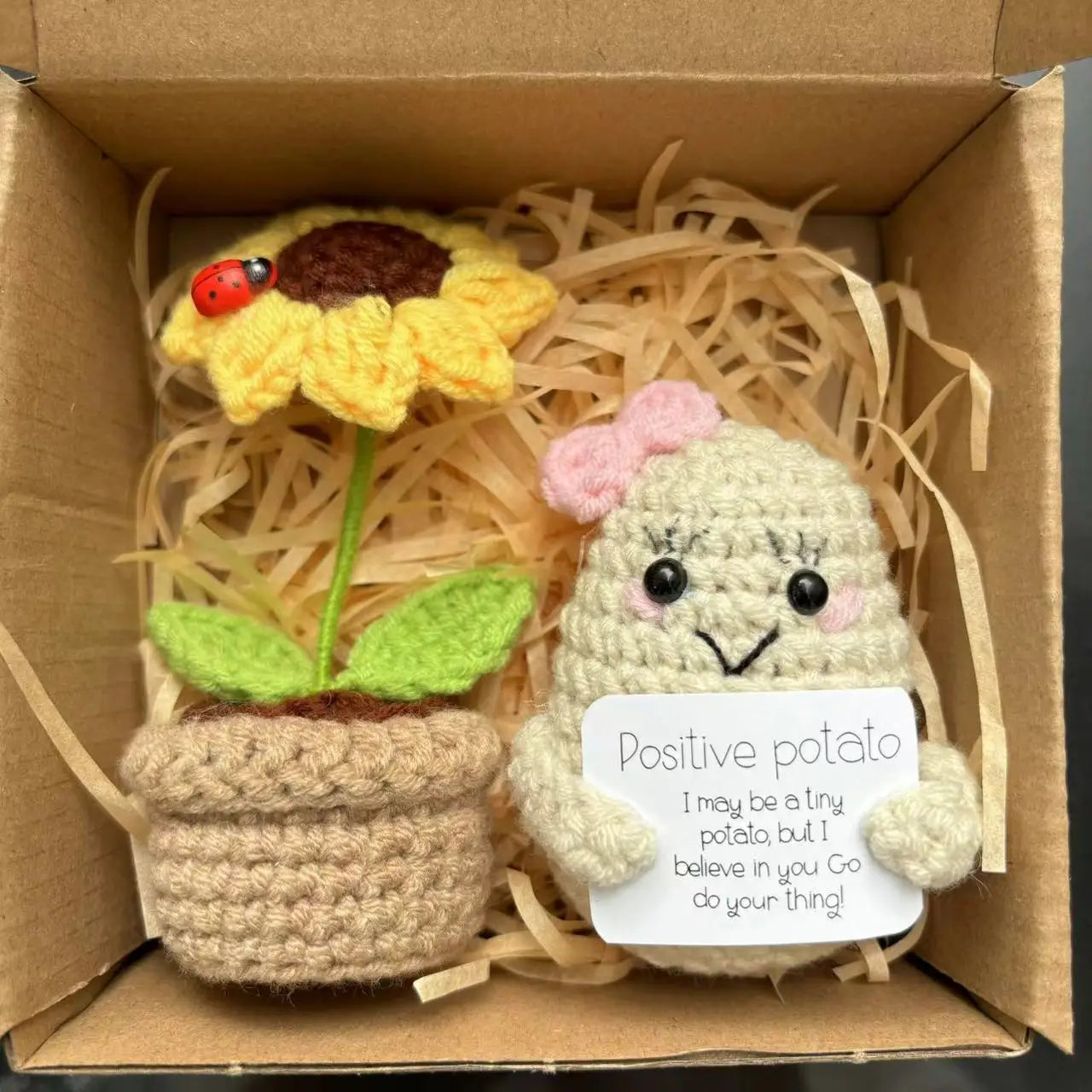 Crochet Positive Energy Potatoes with Sunflower Pot Kit Christmas Gifts Funny Handmade Knitted Potato Wool Doll Home Room Decor